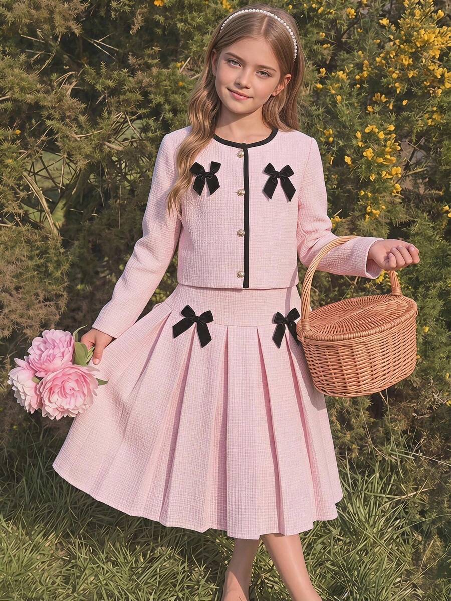 SHEIN 2pcs/Set Girls' French Cute Bow Blouse High Waist Pleated Skirt Outfit Back-To-School Holiday Shades Of Pink Autumn - Pink - View 1
