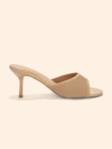 CUCCOO BASICS Chic Women's Knitted Open Toe Heeled Sandals In Nude Tone Slip On Stiletto Heels - Apricot stripes - View 6