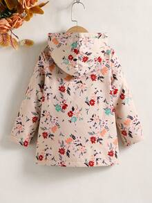 SHEIN Vintaside Kids 女童田園風碎花連帽加厚加絨中長版外套，秋冬款 - 卡其色 - 查看 2