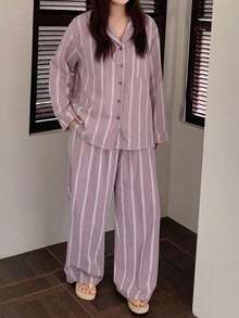 Dazy Plus 2pcs/Set Pakaian Santai Wanita Ukuran Besar Warna Ungu Motif Garis-garis Lucu, Atasan Lengan Pendek Longgar & Celana Panjang Piyama, Musim Semi/Panas - Purple - View 2