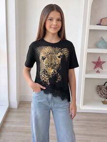 青少年女孩豹紋圓領短袖對比蕾絲不對稱下擺T恤 - 黑色 - 查看 3