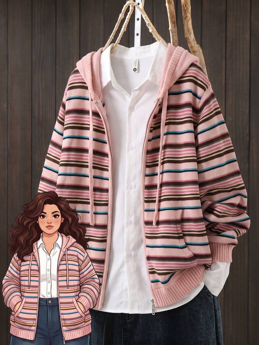 Rusticease Plus Size Casual Striped Hooded Cardigan, Autumn/Winter - Multicolor - View 1