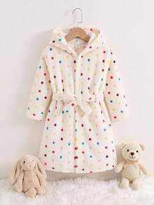 SHEIN 女童櫻桃圖案保暖內裡厚絨連帽長袖綁帶浴袍 秋冬睡衣 - 彩色 - 查看 2