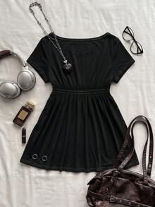 Attitoon Women's Casual Retro Babydoll Short Sleeve T-Shirt, Y2K Style, Summer - Black - View 2