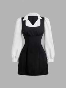 SHEIN MOD Black And White Colorblock 2 In 1 Button Petal Sleeve Mini Dress Birthday Date Dinner Date Party Autumn French Elegant French.Halloween.School. - Black and White - View 2