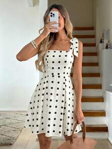 SHEIN LUNE Women's Casual 70s Romantic Cute Summer Vacation Commute Brunch Beach Daily Basic Outing White With Black Polka Dots Sleeveless Tie Waist Short Dress - Black and White - View 4
