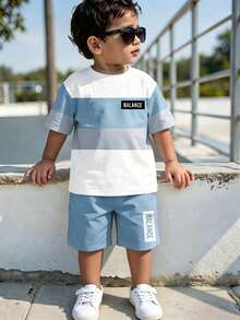 Young Boy Casual Minimalist Letter & Stripe T-Shirt And Shorts Set - Multicolor - View 1
