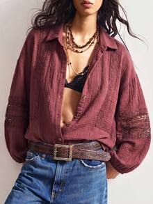 Bohemela 女款蕾絲拼接休閒百搭日常襯衫 - 咖啡棕 - 查看 4