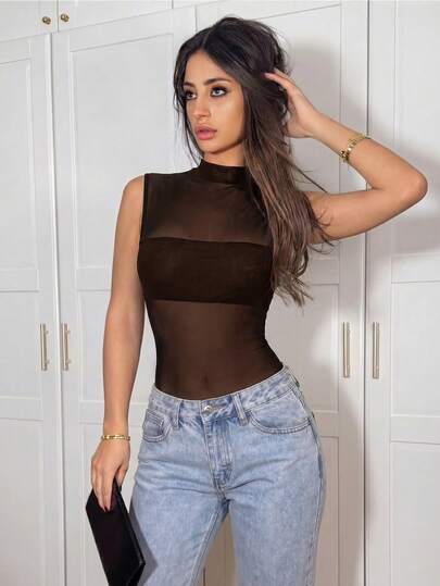 Ronhire Body negro sin mangas sexy de malla transparente con patchwork asimétrico, body negro sexy de malla transparente para verano