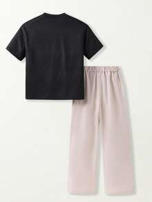 SHEIN Casuvi Kids 青少年男孩字母印花T恤與長褲2件套 - 黑色 - 查看 2