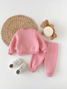 Newborn Baby Autumn/Winter Cute Camel Color Cartoon Pattern Long Sleeve Sweatshirt & Pants Set - Baby Pink - View 2