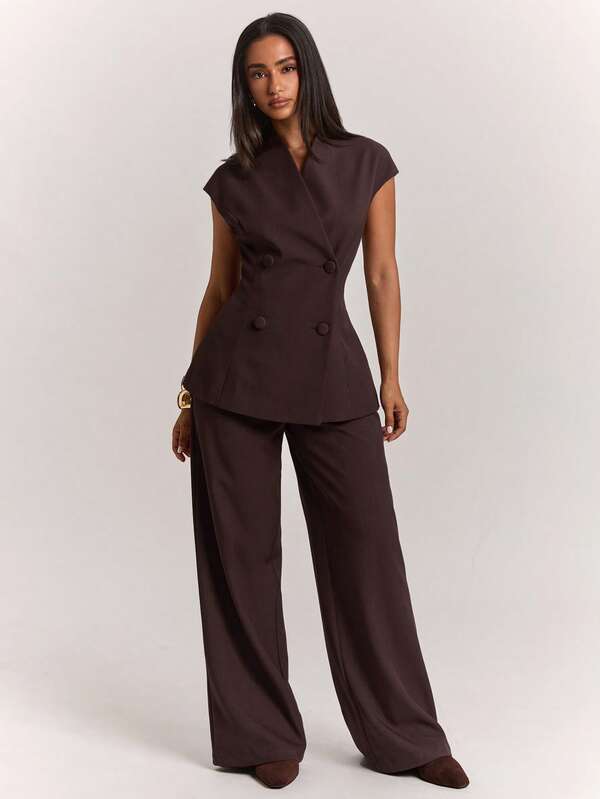 SHEIN BAE Women's Elegant Fashion Button Blazer And Loose Suit Pants Set