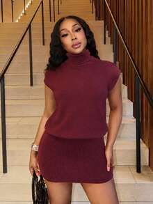 Slaydiva Burgundy Turtleneck Sleeveless Knit Women Bodycon Sweater Dress , Spicy Girl Matching Outfit Halloween Valentine Christmas New Year - Burgundy - View 9
