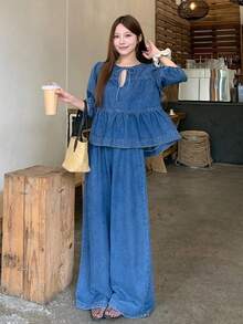 DAZY 女款百褶領長袖上衣與長褲休閒日常牛仔套裝可愛上衣 - 藍色 - 查看 2