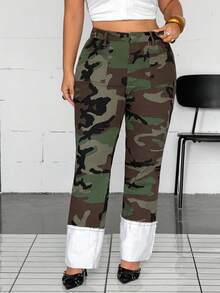 Jeanoix Cowgirl Plus Size Women's Autumn Camouflage Stretch Slim Straight Leg Cuffed Jeans , Fall - Multicolor - View 7