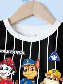 SHEIN | PAW Patrol 小男孩條紋卡通印花T恤短褲套裝 - 白色 - 查看 3