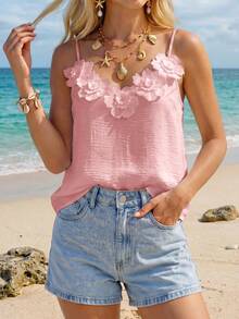 Sylviya Casual Romantic European Sexy Tropical Women's 3D Floral Camisole Tank Top For Summer Vacation Beach Soft Pink - Pink - View 1