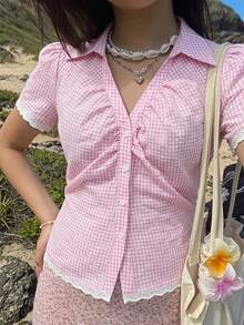 SHEIN MOD 大尺碼女款格紋單排扣休閒百搭日常短袖襯衫 - 淺粉色 - 查看 12