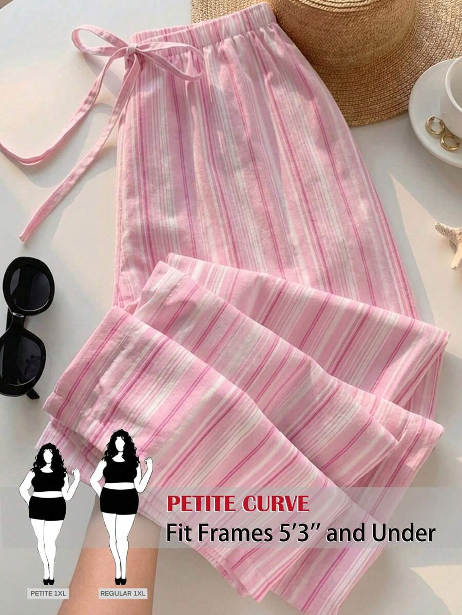SHEIN PETITE CURVE 大尺碼女款抽繩腰條紋休閒百搭日常穿著長褲 - 粉色 - 查看 1