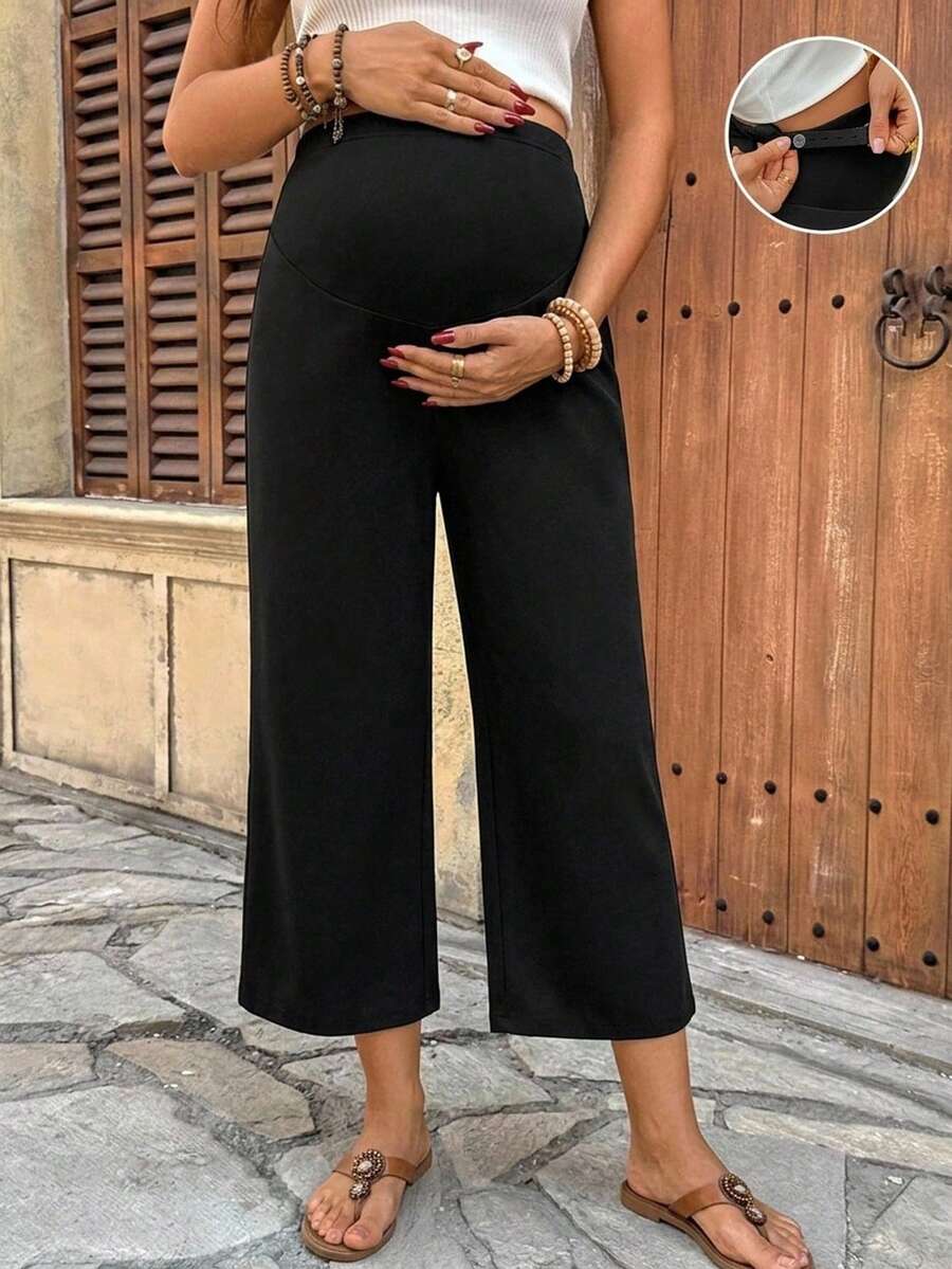 SHEIN 孕婦純色可調腰鬆身休閒時尚優雅長褲,適合出院回家與拍照拍攝,黑色夏季款 - 黑色 - 查看 1