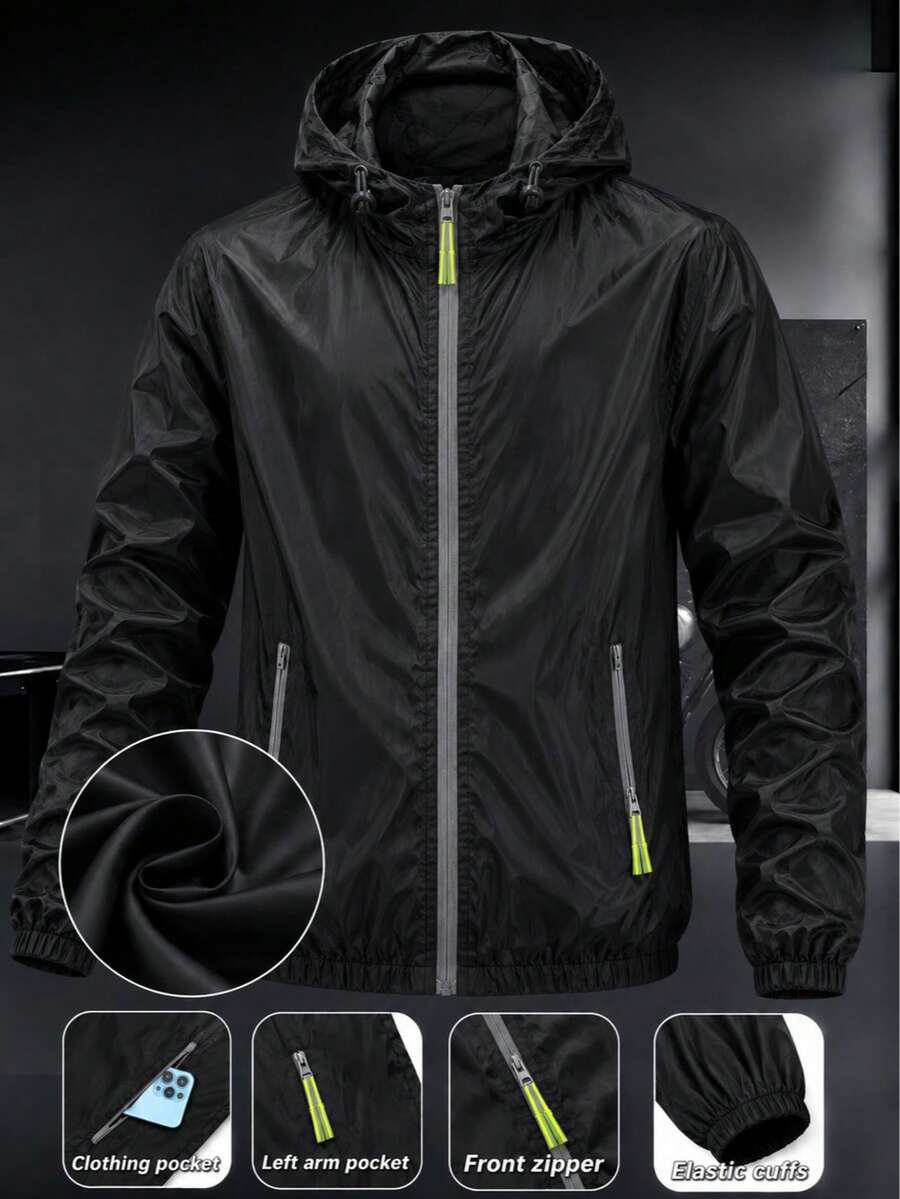Windbreakers Light Sports Equipment Daily Use Travel Adjustable Hood Full Closure Functional Pockets Spring Summer - Black - View 1