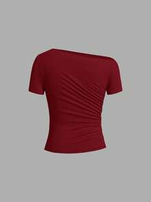 SHEIN Clasi 女款純色不對稱肩褶皺修身百搭休閒T恤 3件/套 - 彩色 - 查看 6