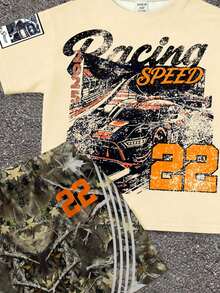 Baby Boy Casual Minimalist T-Shirt Set Suitable For Summer, Classic Cool Handsome Retro Racing Pattern Print, Number 22, Street Style Dried Leaves Pattern Print, Striped Pattern Print, Suitable For Spring And Summer, Y2K - Multicolor - View 2