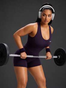 Powerista Women's Plus Size Solid Color Casual Daily Outdoor Sports Romper Gym Running Fitness Workout Going Out Autumn Jumpsuit Backless Purple Backless - Purple - View 7
