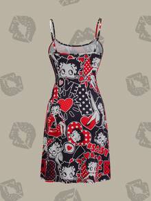 Betty Boop x SHEIN 女士爱心波点卡通复古少女图案黑色吊带睡裙，休闲百搭，日常夏季穿着 - 紅色 - 查看 2