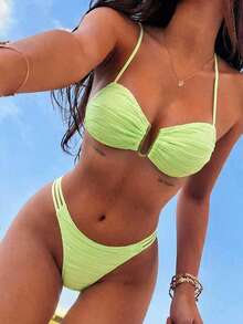 SHEIN Swim 女士夏季沙滩荧光绿褶皱性感比基尼套装，另类比基尼套装，女士比基尼套装，泳装两件套 - 綠色 - 查看 1