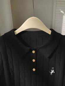Franclia Contrast Trim Simple Long Sleeve Embroidered Horse Head Polo Collar Knit Sweater Preppy Tops - Black - View 8