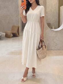 Mulvari Women's V-Neck Elegant Fashion Beige Vacation Style Mid-Length Dress - Beige - View 8