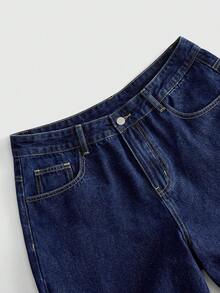 ROMWE MEN Men's Loose Fit Jeans With Tiger Embroidery Pattern - Dark Wash - View 4