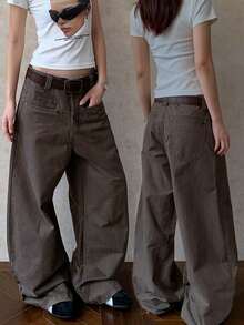 Livesso Celana Jeans Wanita Model Longgar Potongan Lurus Pinggang Rendah Warna Cokelat Tua Bahan Denim Cuci Banyak Saku Gaya Jalanan Potongan Lebar untuk Musim Gugur - Dark Grey - View 1