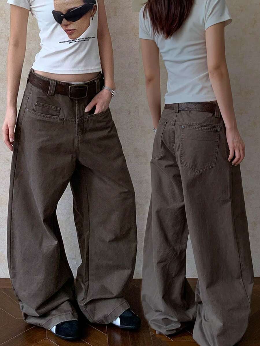 Livesso Celana Jeans Wanita Model Longgar Potongan Lurus Pinggang Rendah Warna Cokelat Tua Bahan Denim Cuci Banyak Saku Gaya Jalanan Potongan Lebar untuk Musim Gugur - Dark Grey - View 1