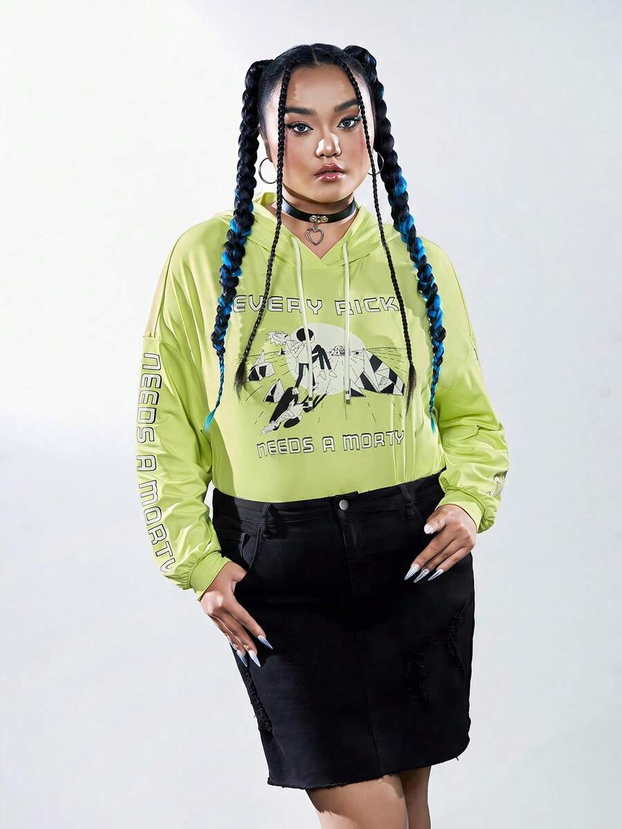Rick and Morty X SHEIN Plus Slogan Graphic Drop Shoulder Drawstring Hooded Bodysuit - Lime Green - View 1