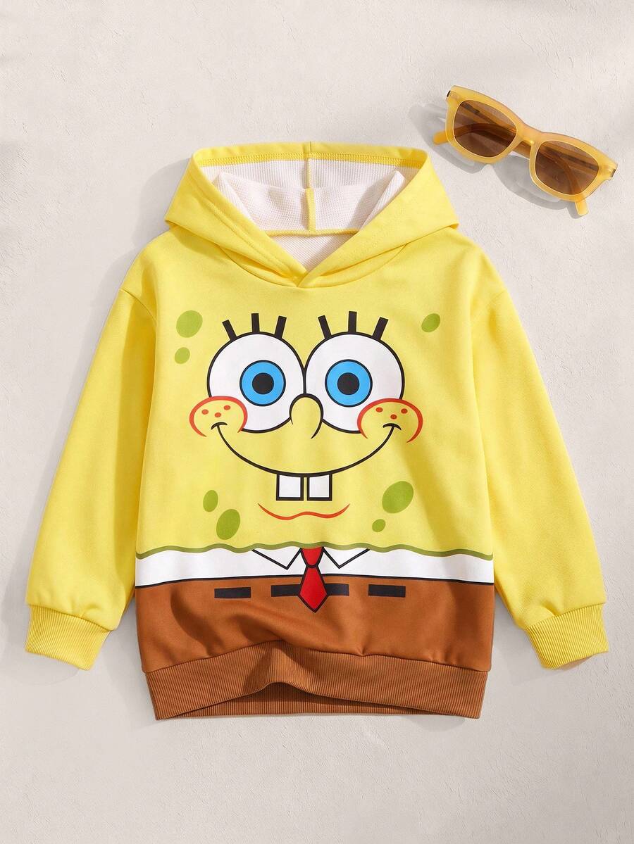 SpongeBob SquarePants | SHEIN 男童可爱卡通图案休闲宽松长袖黄色卫衣，卡通人物服装 - 黃色 - 查看 1