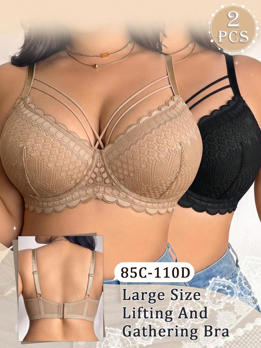 LustreForm Plus Size Underwire Sexy Lace Bra 2pcs/Set Party Red Black Fall - Multicolor - View 1