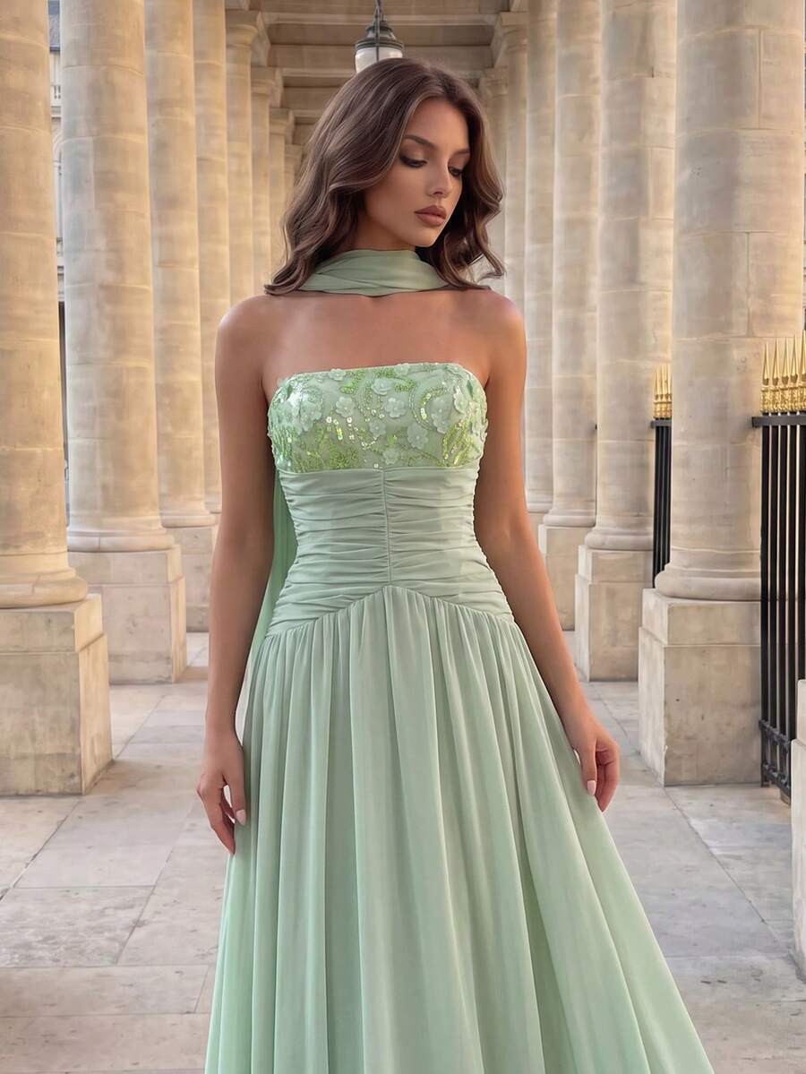 Poshira Women's Halter Neck Chiffon Maxi Dress With Beaded Bust And Flowy Hem, Suitable For Formal Occasions Floral Sequin Ribbon Design Strapless Elegant - Green - View 1