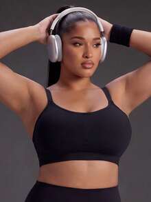 Powerista Bra Olahraga Fitness Sehari-hari Warna Polos Ukuran Plus Wanita - Hitam dan Putih - View 5