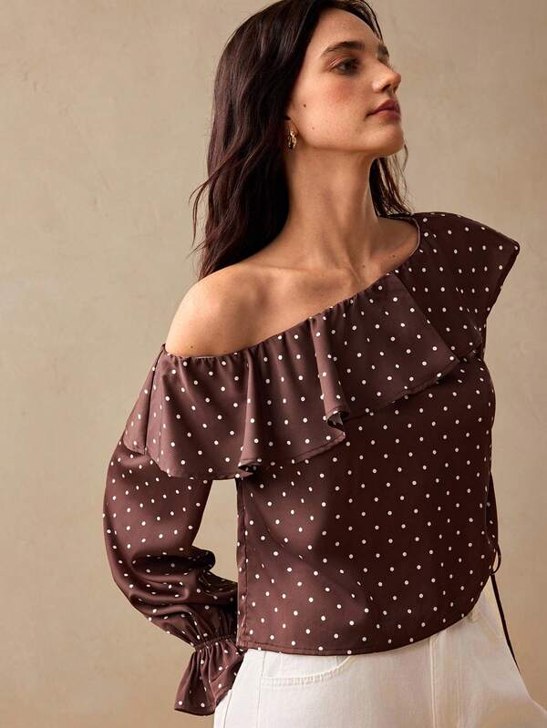 Willow Rêve Women's Brown Polka Dot Off The Shoulder Ruffle Cinched Top,Pretty Blouses,Elegant Women's Blouses,Casual Blouses For Women,Women's Blouse
