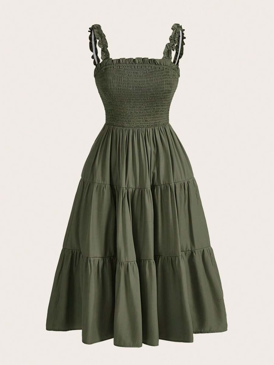 BELROSIE Solid Frill Trim Ruffle Hem Dress Holiday Party Dress - Olive Green - View 1
