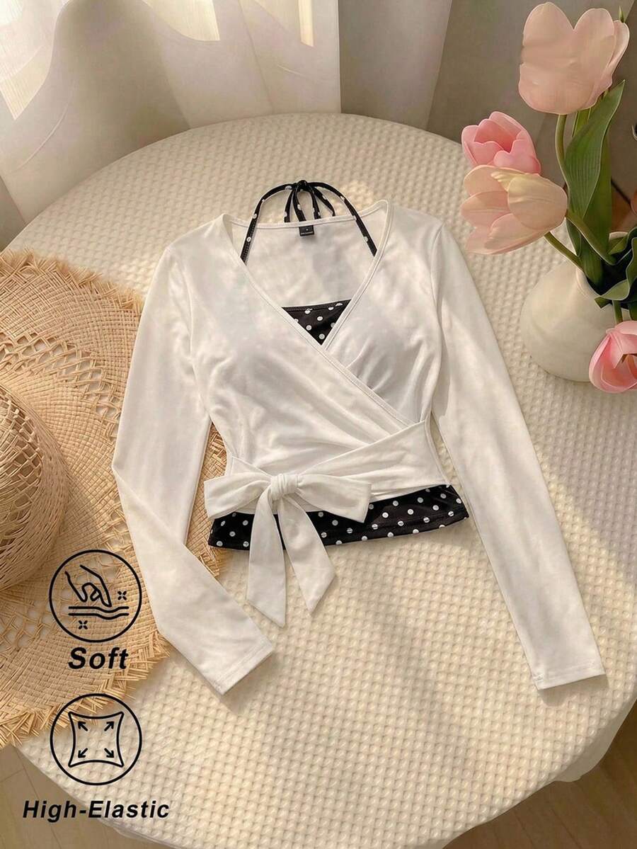 SHEIN MOD Blusa elegante para mujer de manga larga con lunares, cuello halter, superposición, cruzada y lazo lateral, blusas para mujer para fiesta, tops de manga larga para mujer - Blanco y Negro - Ver 1