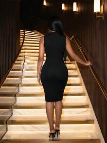BamGleam Women's Solid Color Sleeveless Simple Fitted Short Elegant Dress - Black - View 2