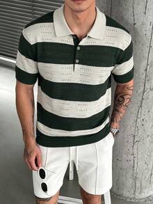 Manfinity Homme 男士條紋鏤空針織 Polo 衫，短袖，夏季商務休閒對比色領襯衫 - 墨綠色 - 查看 3