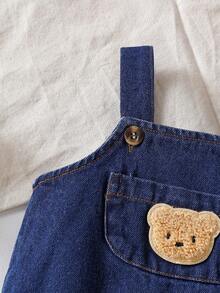 SHEIN Playful Pals 新生兒夏季可愛熊刺繡口袋可調節肩帶連身衣藍白條紋休閒短袖T恤柔軟套裝適合城市度假 - 藍色 - 查看 8