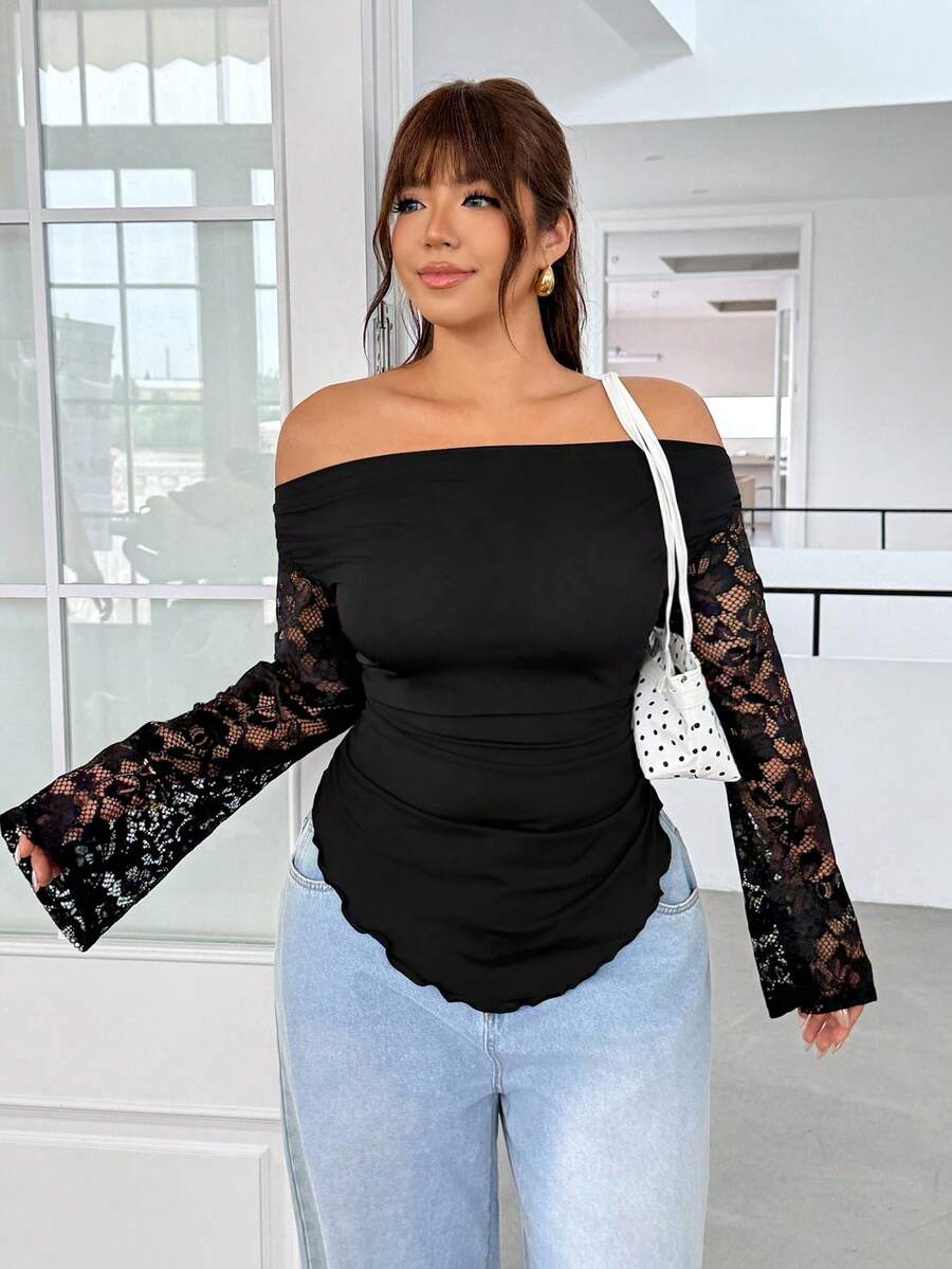 GalTyme Camiseta de talla grande con encaje elegante francés, volantes, dobladillo asimétrico y hombros descubiertos para otoño - Negro - Ver 1