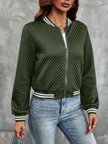 SHEIN Women's Solid Color Long Sleeve Zip-Up Thin Baseball Jacket - Green - View 4