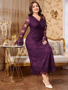 Reflora Plus Size Elegant Party Formal Evening Solid Color Lace Dress Autumn Wedding Purple Fall - Purple - View 5