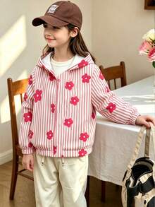 SHEIN Elladie kids 女童條紋花卉印花連帽休閒日常長袖外套 - 粉色 - 查看 5